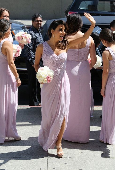 2014 Estrella de Hollywood Eva Longoria Rosa vestidos de dama de honor Un hombro espalda volante 2014 Estrella de Hollywood Eva Longoria Rosa vestidos de dama de honor Un hombro espalda volante
