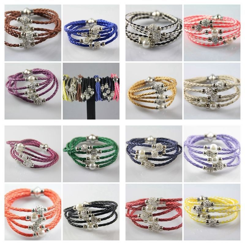 

Hot 10pcs SHAMBALLA Leather Wristband Magnetic Buckle Rhinestone Bracelet 20cm