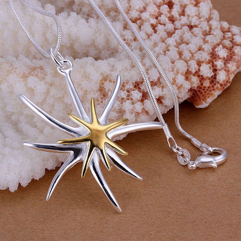 New style Fashion Best Gift 925 Silver Amazing Golden & Silver Starfish Pendant Fit 1mm Snake Chain Necklace 18" Hot Sale 10pcs/Lot