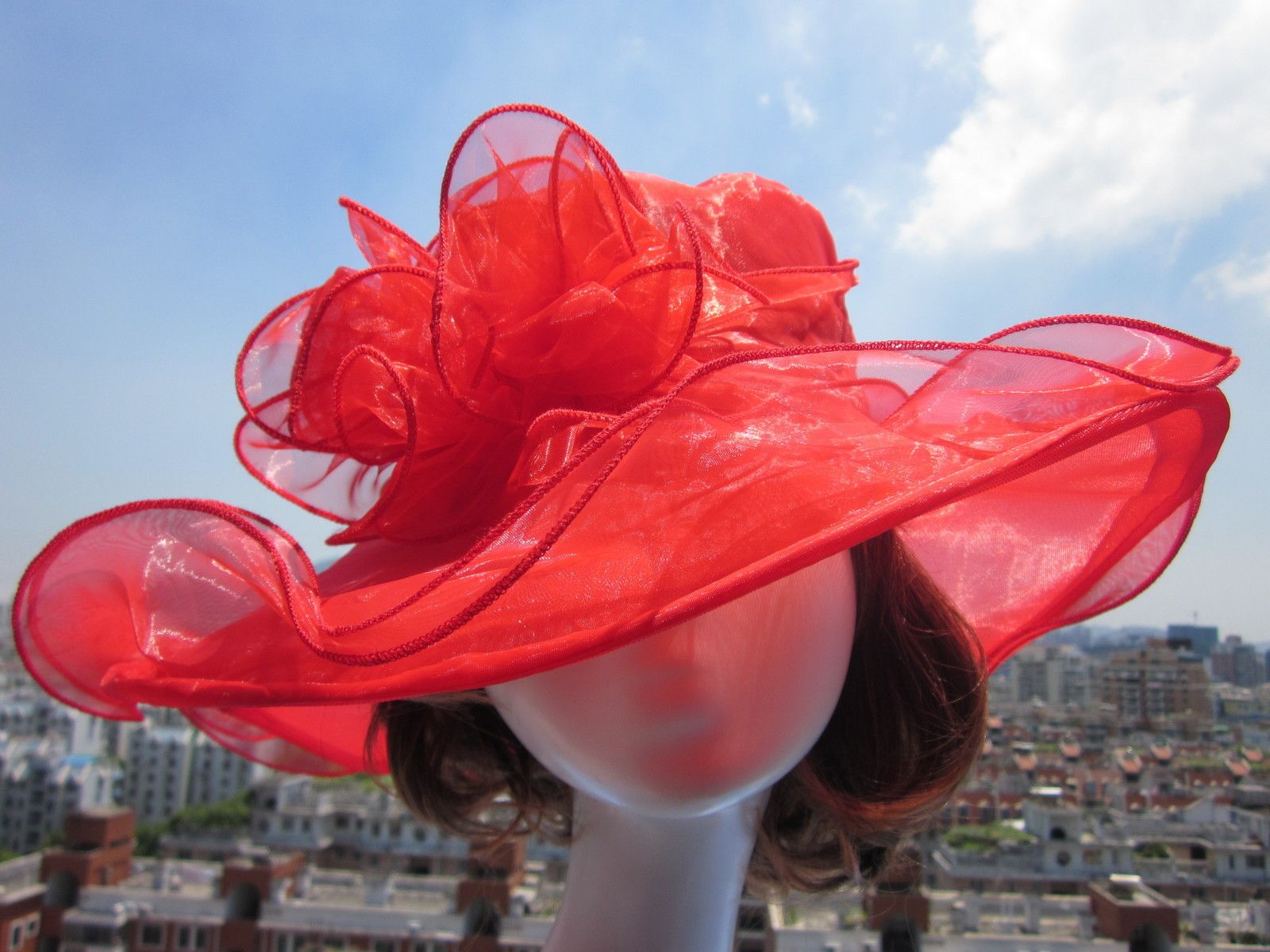 Cappello da donna in organza Kentucky Derby Matrimonio Chiesa Abito Tea Party Floreale Sole Cappello da spiaggia estivo A002341U