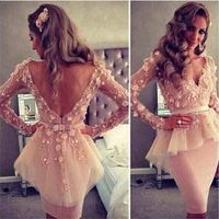Wholesale 2020 Myriam Fares Blush Pink V neck Long Sleeves Lace Flowers Sheath Backless Peplum Celebrity Evening Dresses Gowns