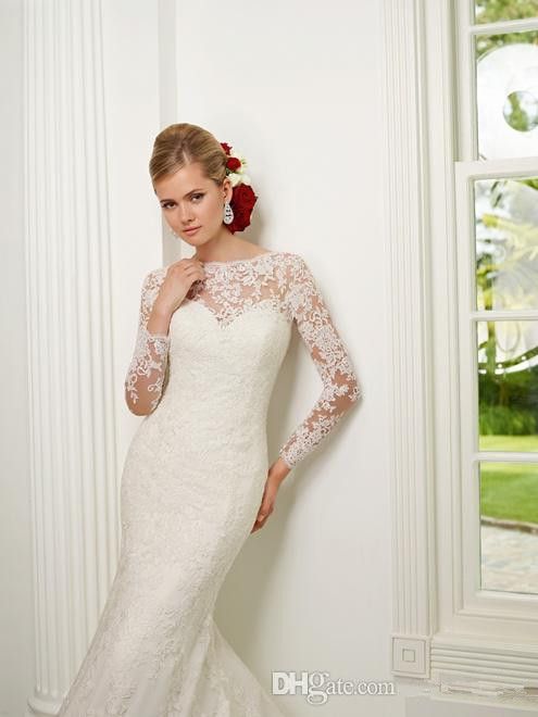 2015 New Elegant Lace Long Sleeve Dress Scoop Sash Wedding Dresses ...