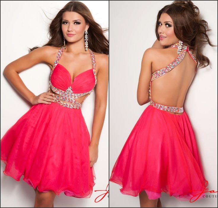 

2014 New Fashion Sexy Cutout Backless Homecoming Dress Halter Short Organza Prom Dresses Crystal Beads Cheap Formal Party Gowns Jasz Couture