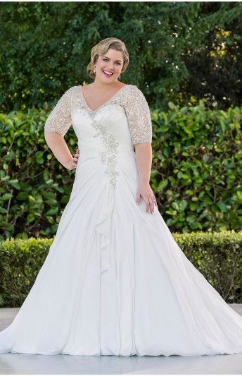 2015 Wedding Dresses V Neckline Elbow Half Length Sleeves Pleating Lace ...