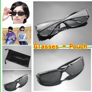 10pcs Pinhole Glasses + 10pcs Black Sunglasses Pouch Bags Eyesight Improvement Vision Care Exercise Eyewear Training Set Free Shipping