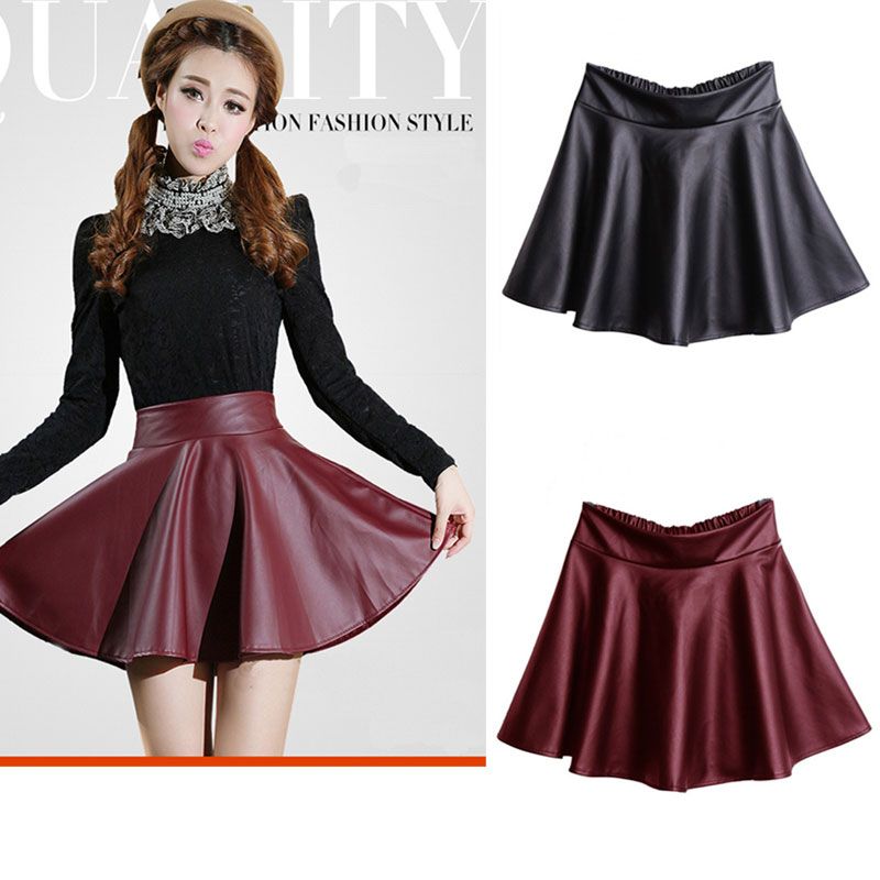 Female Mini Short Women Faux PU Leather Skirt High-Waist Solid Pleated ...