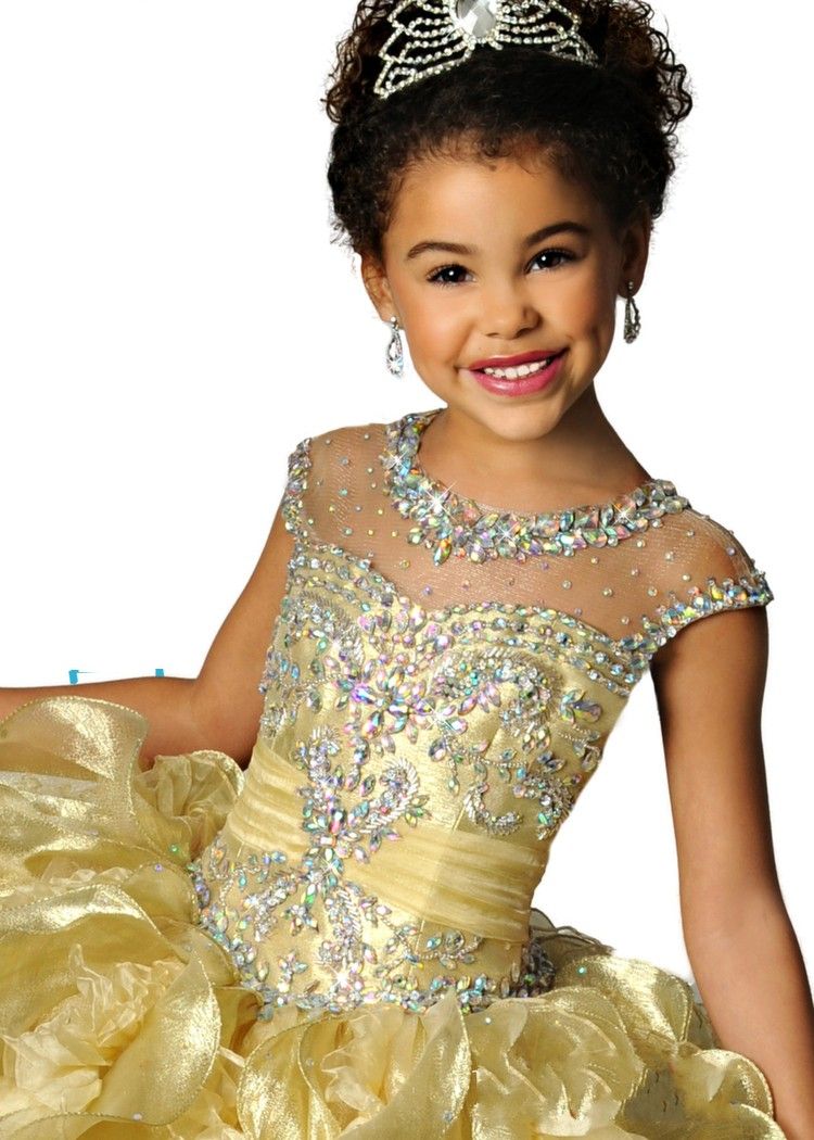 Berühmter Sheer Crewausschnitt Organza Perlen Kristall Backless Ruhnierte Mädchen Pageant Kleider Formale Kinder tragen