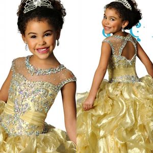 Berömda Sheer Crew Neckline Organza Beaded Crystal Backless Ruched Girls Pageant Klänningar Formella Barnkläder