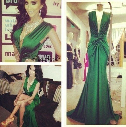 V-Neck Syrenka Szyfonowa Side Split Dark Green Evening Suknie Arabskie Sukienki Celebrity Vestidos
