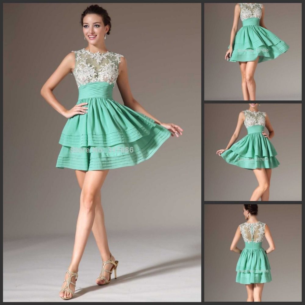 2017 Vestidos De Coctel Beautiful Mint Green Sheer Lace Tulle Neck Top