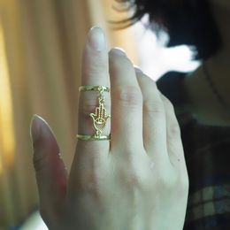 -Buena suerte Hamsa mano Fatima recortar doble banda dedo mediodía nudillo anillo de oro de moda Nuevo