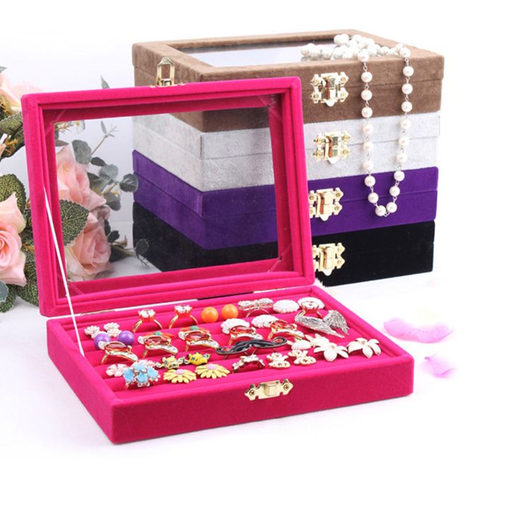 Quality Jewelry Tray With Glass Lid Ring Holder Earring Tray Jewelry Display Storage Box Jewelry Cases