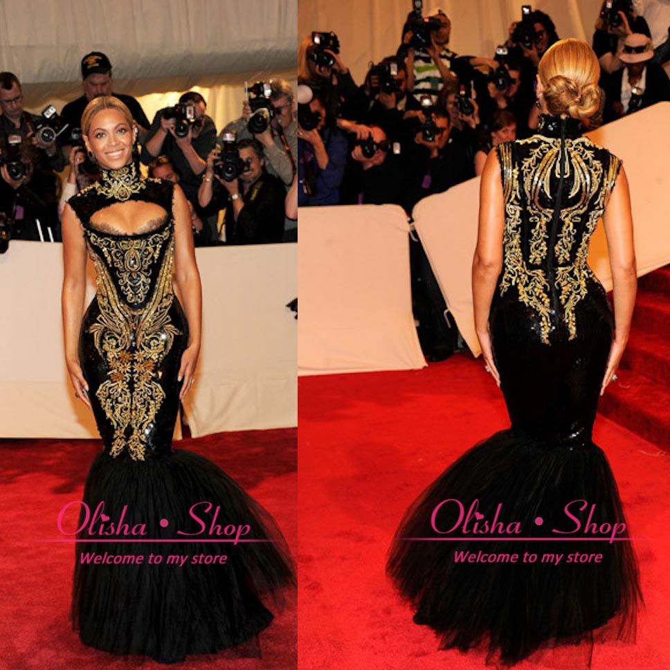 2016 vestido de noche Beyonce Gala MET Con Negro atractivo caliente del  alto cuello del bordado