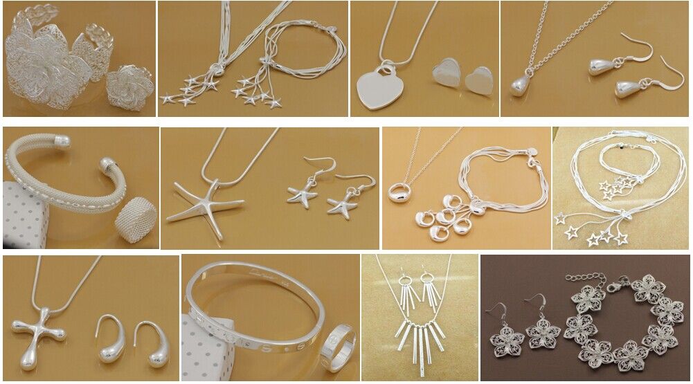 Kostenloser Versand mit Tracking -Nummer am besten heiß verkaufen Frauen zarte Geschenkschmuck 925 Silber plattiert Mix Schmuck Set 12 Set 12 Set