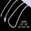100 stks Silver Plates 2mm Smooth Snake Chain Gemengd Maat 16-24inch 925 Sterling Necklace