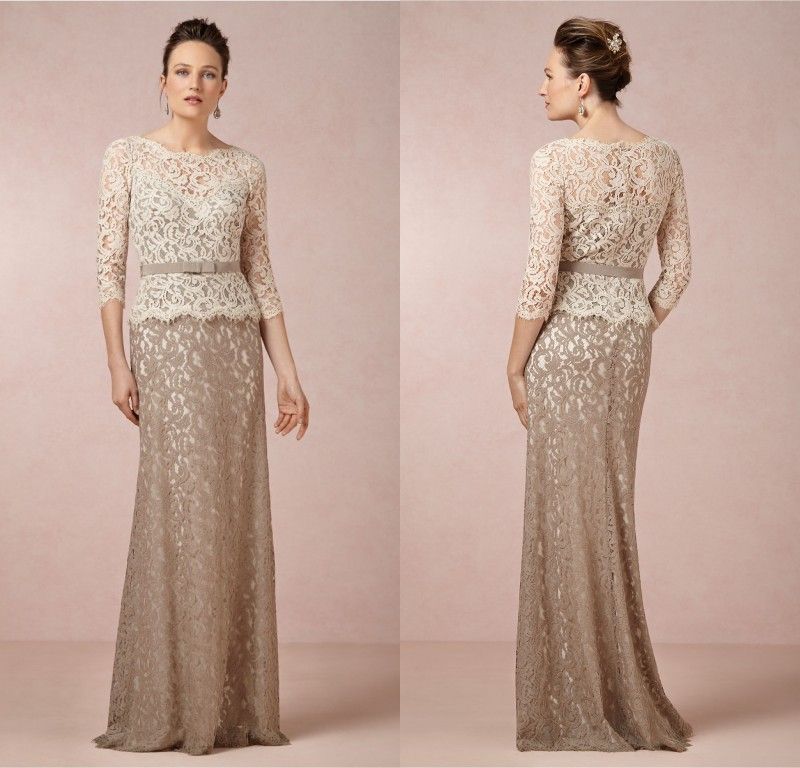 Nouvelle mère de la mariée Robes robes de soirée Sheer haut ras du cou 3 manches longues gaine Sash dentelle Plus Size Evening DL735