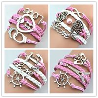 Infinity Armband Antik Charm Kärlek Butterfly Eiffeltornet Anchor Rosa Färg Mix Designs Läderarmband Mode Smycken Gratis frakt