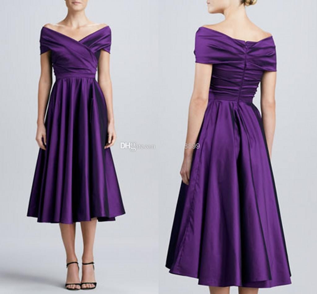 Hot Thee Lengte Elegant Off Shoulder Purple Cocktail Mother of Bride Jurken Vintage Party Avond Bruidsjurken Goedkope gratis verzending