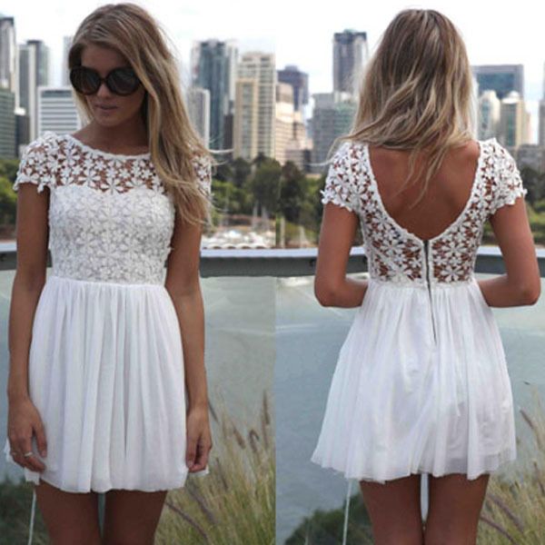 Fashion Women White Chiffon Celebrity Short Lace Flower Dress Women'S ...