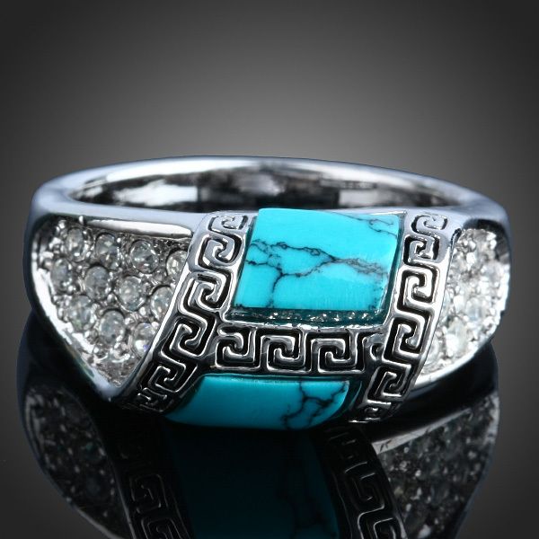 

2016 New Arrival Retro Fashion Turquoise With Crystals Round White Gold Plated High Quality The Man Rings Free shipping J01333