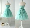 Short Lovely Mint Tulle Bridesmaid Dresses For Teens Young Girls 2014 Chic Flower Bow Sash Lace up Strapless Bridal Party Beach Un8181613