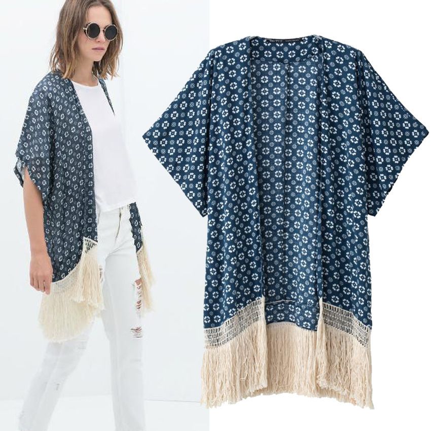 2014summer Top Women Geometric Print Cotton Blend Kimono Cardigan Short ...