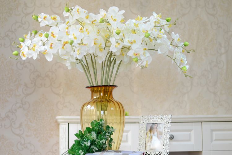 Partihandel 10st / parti Konstgjorda falska Phalaenopsis Butterfly Orchid blommor Cymbidium levererar silkeblommor för bröllopsdekorationer