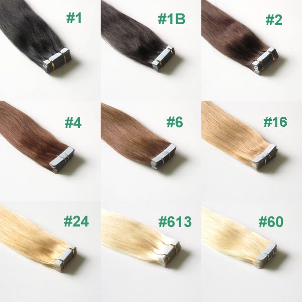 19 Färger Mix 16inch till 24 tums tejp i hud Human Hair Extensions, Remy Tape Hair Extensions, 20st / Bag 30g, 40g, 50g, 60g, 70g / väska Gratis frakt