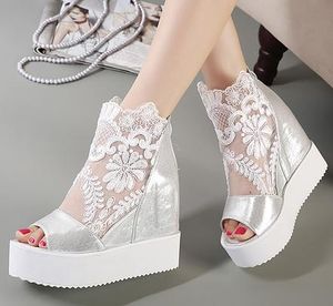 ViVi Lena sweet lace white sandals high platform wedge sandals invisible height increased peep toe women shoes 2 colors size 35 to 39