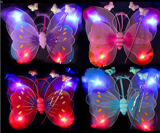 Free EMS 50 Sets LED Flash Glow Two Layers Fairy Wings set (wing, headband, wand) butterfly wing with light KTV Disco Kids Christmas Gift