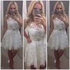 Custom Made 2016 Lace Ärmlös Bröllopsklänningar A-Line Full Appliqued Short Mini Beach Sash Bridal Wedding Party Gowns Billiga Sexig