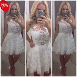 Custom Made 2016 Lace Sleeveless Wedding Dresses A-Line Full Appliqued Short Mini Beach Sash Bridal Wedding Party Gowns Cheap Sexy