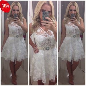 Custom Made 2016 Koronki Bez Rękawów Suknie Ślubne A-Line Full Appliqued Krótki Mini Beach Sash Bridal Wedding Party Suknie Tanie Sexy