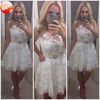 Custom Made 2016 Lace Ärmlös Bröllopsklänningar A-Line Full Appliqued Short Mini Beach Sash Bridal Wedding Party Gowns Billiga Sexig