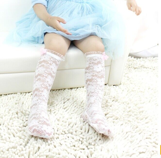 New Baby Girl White Lace Socks Printing Stockings Knee High Socks With