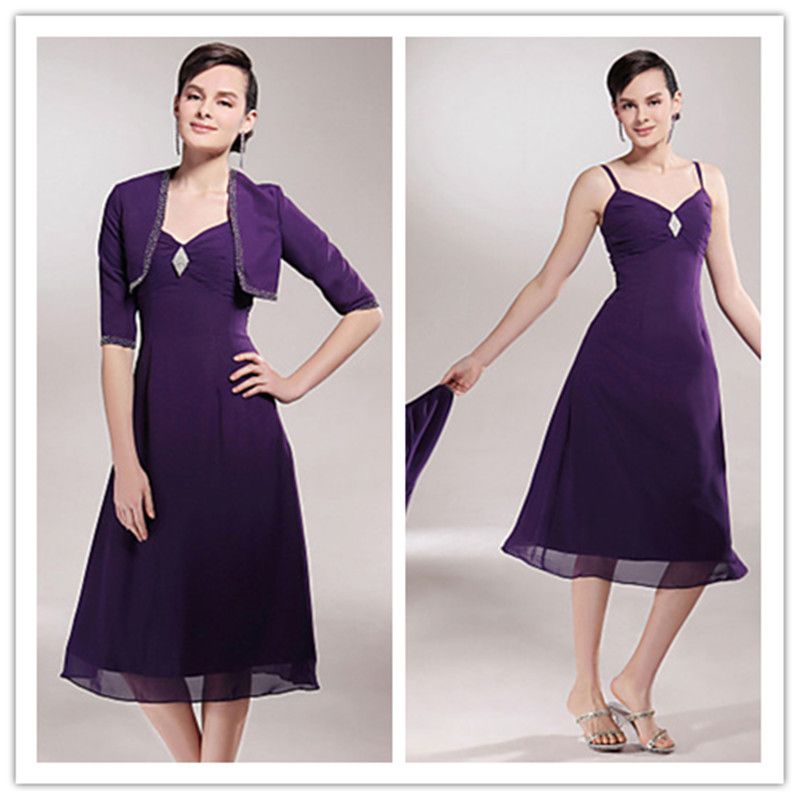 2019 A Line V Neck Tea Length Purple 3/4 Long Sleeves Beading Chiffon