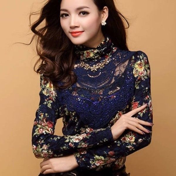 

PLUS S-2X Lace Blouse Shirt Top Long Sleeve Crochet Sheer Chiffon Mix Autumn NWT