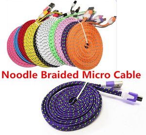 Noodle gevlochten type C-kabel Micro USB 2.0 kabel Sync-gegevens opladen 1M 2M 3M Cord platte geweven stof Dual Colors voor Samsung Galaxy S3 S4 S5