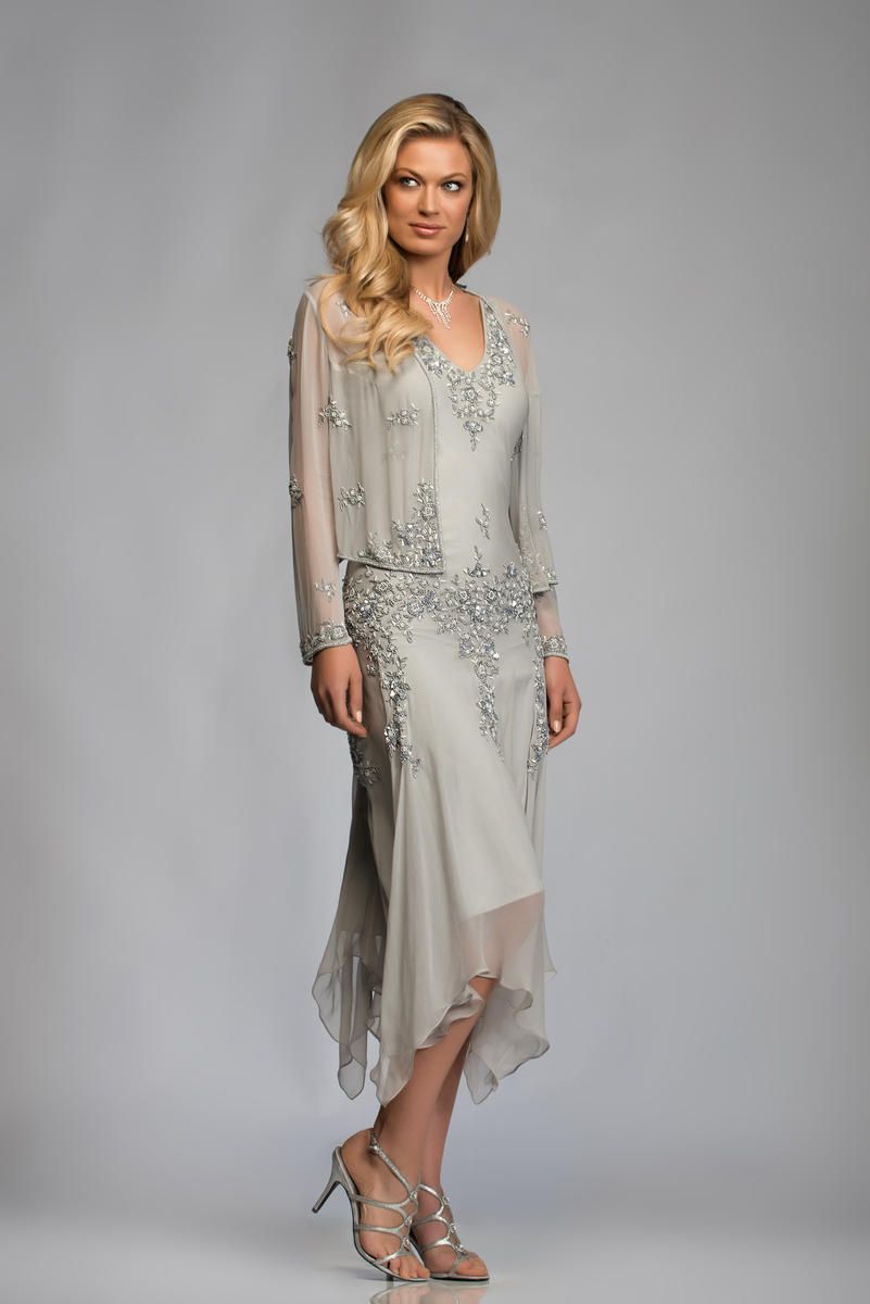 Silver Tea Length Handkerchief Mother Of The Bride Dress With Jacket V Neck Sheer Long Sleeve
