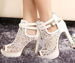 Sexy White Black Lace Hollow Out Peep Toe Ankle Boots Buckle Metal Heels Breathable Chic Wedding Shoes 2014 2 Colours Size EU 34 to2002
