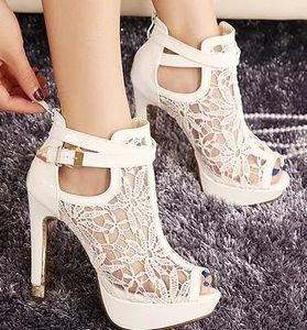 Sexy White Black Lace Hollow Out Peep Toe Ankle Boots Buckle Metal Heels Breathable Chic Wedding Shoes 2014 2 Colors Size EU 34 to 39