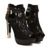 Sexy White Black Lace Hollow Out Peep Toe Botines Hebilla Metal Heels Transpirable Chic Wedding Shoes 2014 2 colores Tamaño EU 34 a 39