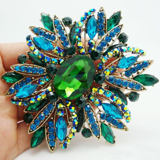 Bütün 2014 Yeni Moda Zarif Çiçek Goldplated Büyük Broş Pin Yeşil Rhinestone Crystal87222602