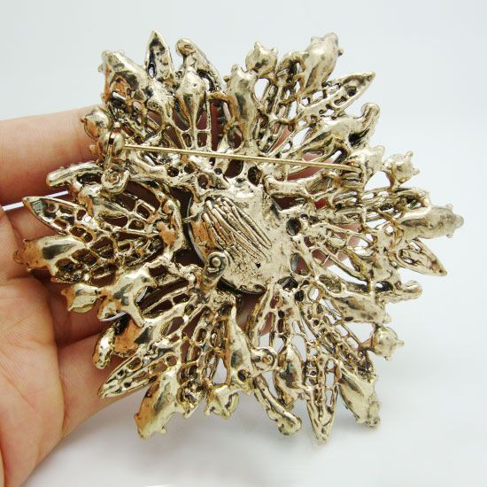Intero - 2014 nuovo modo elegante fiore placcato oro grande spilla pin strass verde Crystal201V