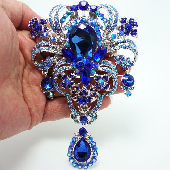 

Wholesale-Retro Classic 5.04" Flower Pendant Brooch Pin Blue Rhinestone Crystal, Gray
