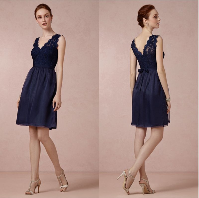 Navy Blue Short Bridesmaid Dress Lace Bodice Tulle Skirt Knee Length