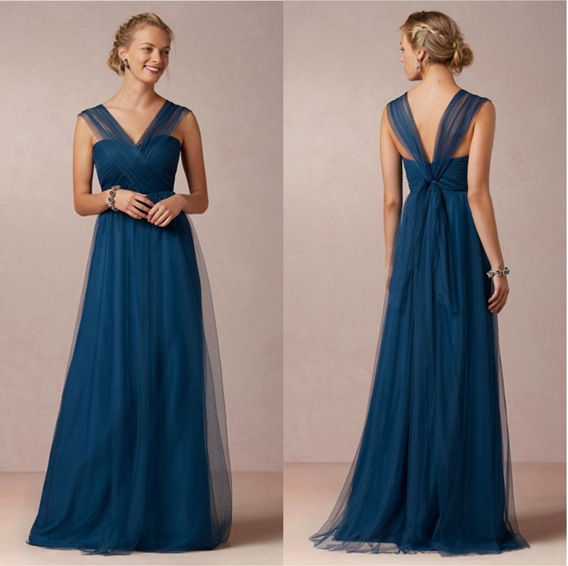 Lapis Blue V Neckline Long Bridesmaid Dress Soft Tulle