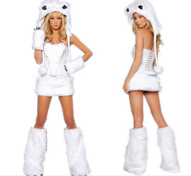 Furry Fasching Cat Girl White Wolf Polar Bear Frisky Halloween Cosplay Costume Outfit Fancy Dress For Woman Sexy Halloween Costumes Full Set