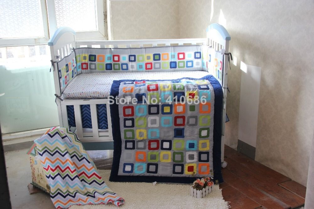 Blue Colorful Squares Blocks Boy Baby Bedding Crib Sets Cot Set Blue Colorful Squares Blocks Boy Baby Bedding Crib Sets Cot Set Embroidered Comforter Pers Sheet Skirt Blanket For Es Sports Boys