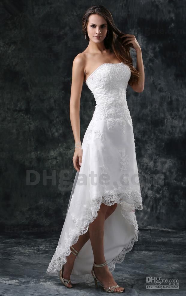 

Short Beach wedding dresses front short and long back wedding dress A Line High Low Bridal Strapless Beaded Lace Tulle Summer Dresses, Silver